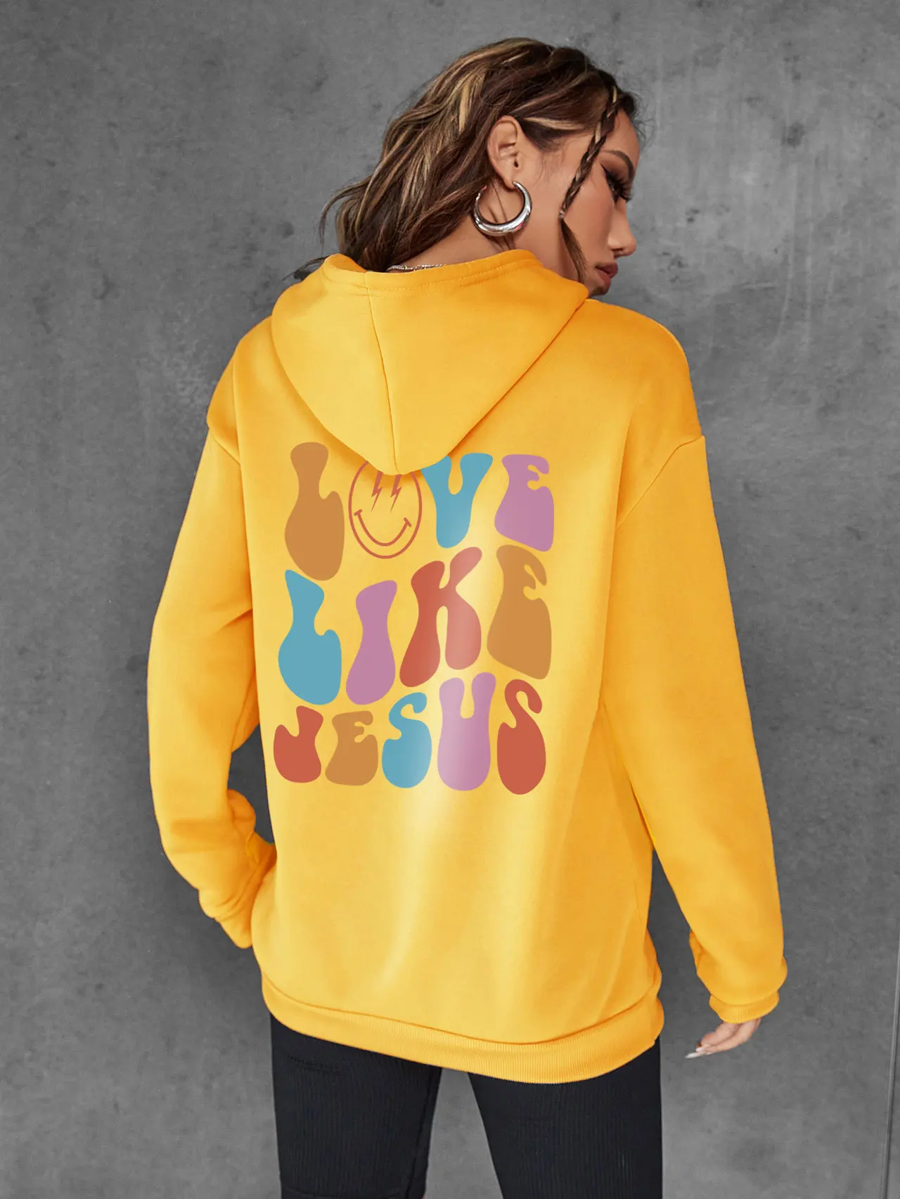 Brushed Hoody Back Letter Printed Kangaroo Pocket Drawstring Printed Hooded Sweater - Yellow