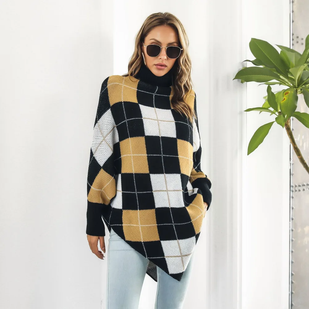 Women's Mid length Plaid Jacquard Cape Sweater Coat Black Card White Grid - Shop at LoveMi