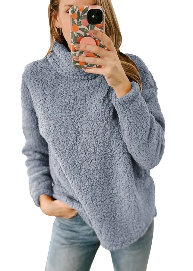 Women's Clothing New Furry Turtleneck Solid Color Hoodie Plush Top Women Light Gray - Shop at LoveMi