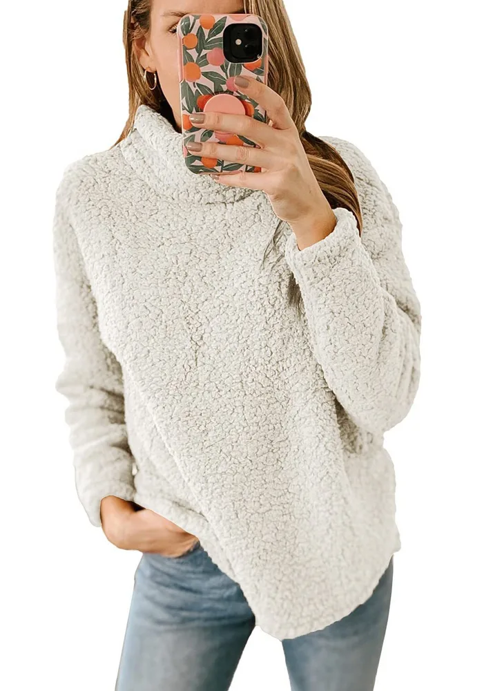Women's Clothing New Furry Turtleneck Solid Color Hoodie Plush Top Women White - Shop at LoveMi