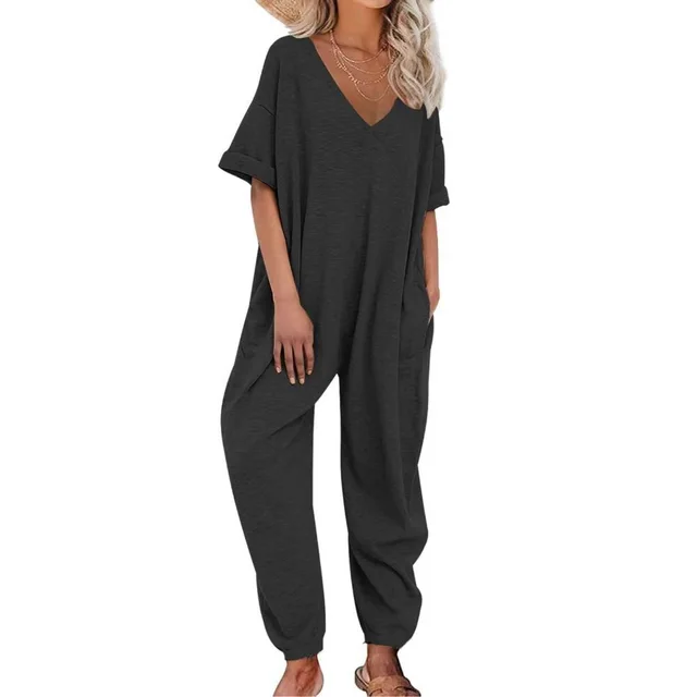 Solid Color V neck Jumpsuit Half Sleeve Ankle tied Loose Black - Shop at LoveMi