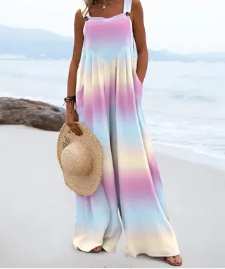 Women's Casual Fashion Printing Suspender Pants - Tie Dye
