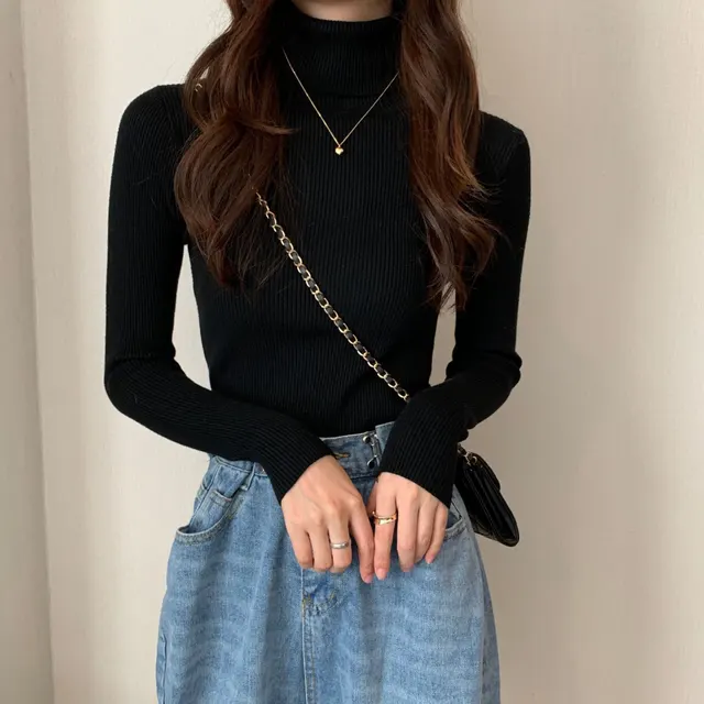 Half High Collar Inner Lining Bottom Sweater Slim Fit Fit Long Sleeved Sweater 9099 Black - Shop at LoveMi