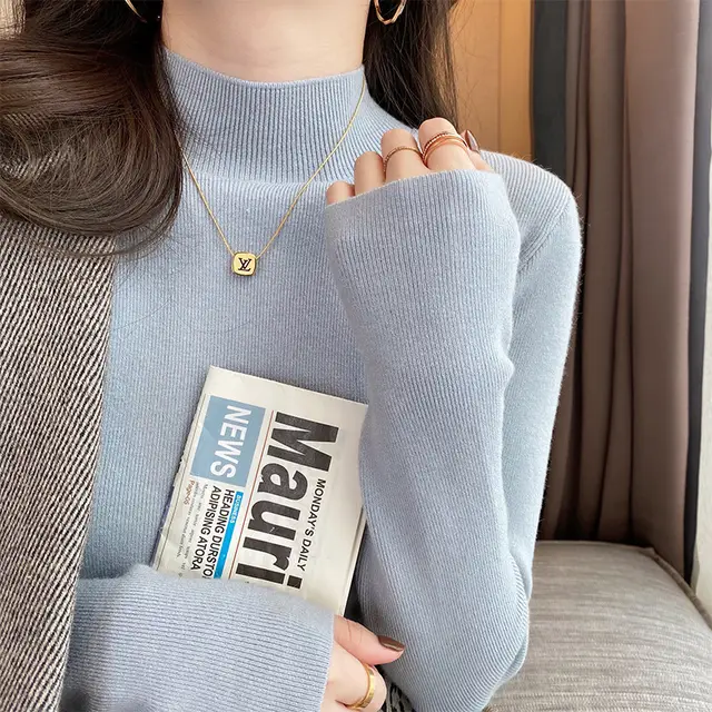Half High Collar Inner Lining Bottom Sweater Slim Fit Fit Long Sleeved Sweater 9112 Light Blue - Shop at LoveMi