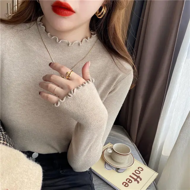 Half High Collar Inner Lining Bottom Sweater Slim Fit Fit Long Sleeved Sweater 9136 Milk Tea - Shop at LoveMi