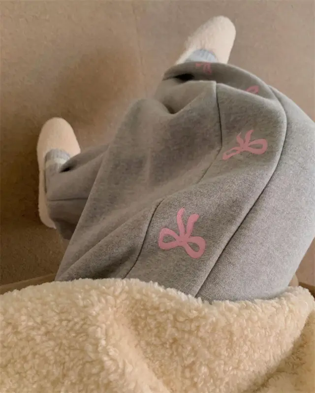 Bow Print Elastic Waist Track Pants Gray, Fleece Lining - Shop at LoveMi