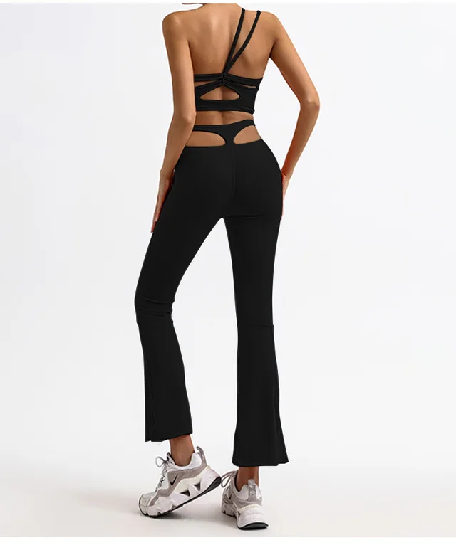 High Waist Hollow out Sports Fitness Bell bottom Pants Black - Shop at LoveMi