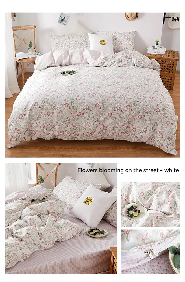 Korean Style Pure Cotton Bedding Set Of Four Pieces White - Shop at LoveMi