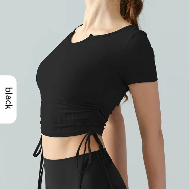 Drawstring V neck Irregular Sports Short Sleeve Yoga Jacket Black - Shop at LoveMi