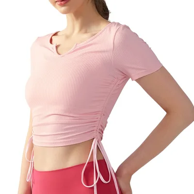 Drawstring V neck Irregular Sports Short Sleeve Yoga Jacket Cloud Mud Pink - Shop at LoveMi