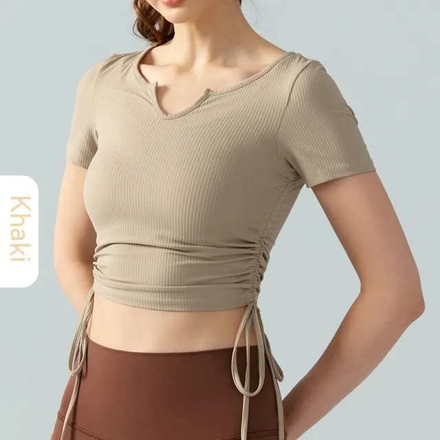 Drawstring V neck Irregular Sports Short Sleeve Yoga Jacket Khaki - Shop at LoveMi