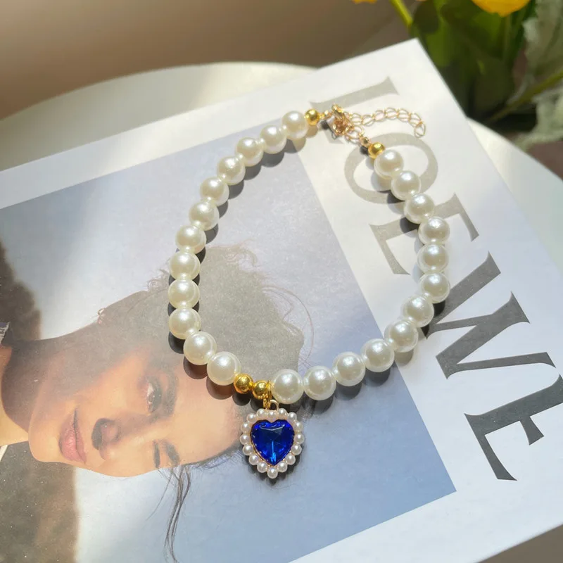 Pet Jewelry Cat Dog Necklace Retro Love Crystal Pendant Necklace Pet Products Sapphire Blue - Shop at LoveMi