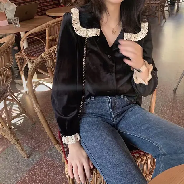 Simple Lace Stitching Lapel Single Breasted Velvet Shirt Black - Shop at LoveMi