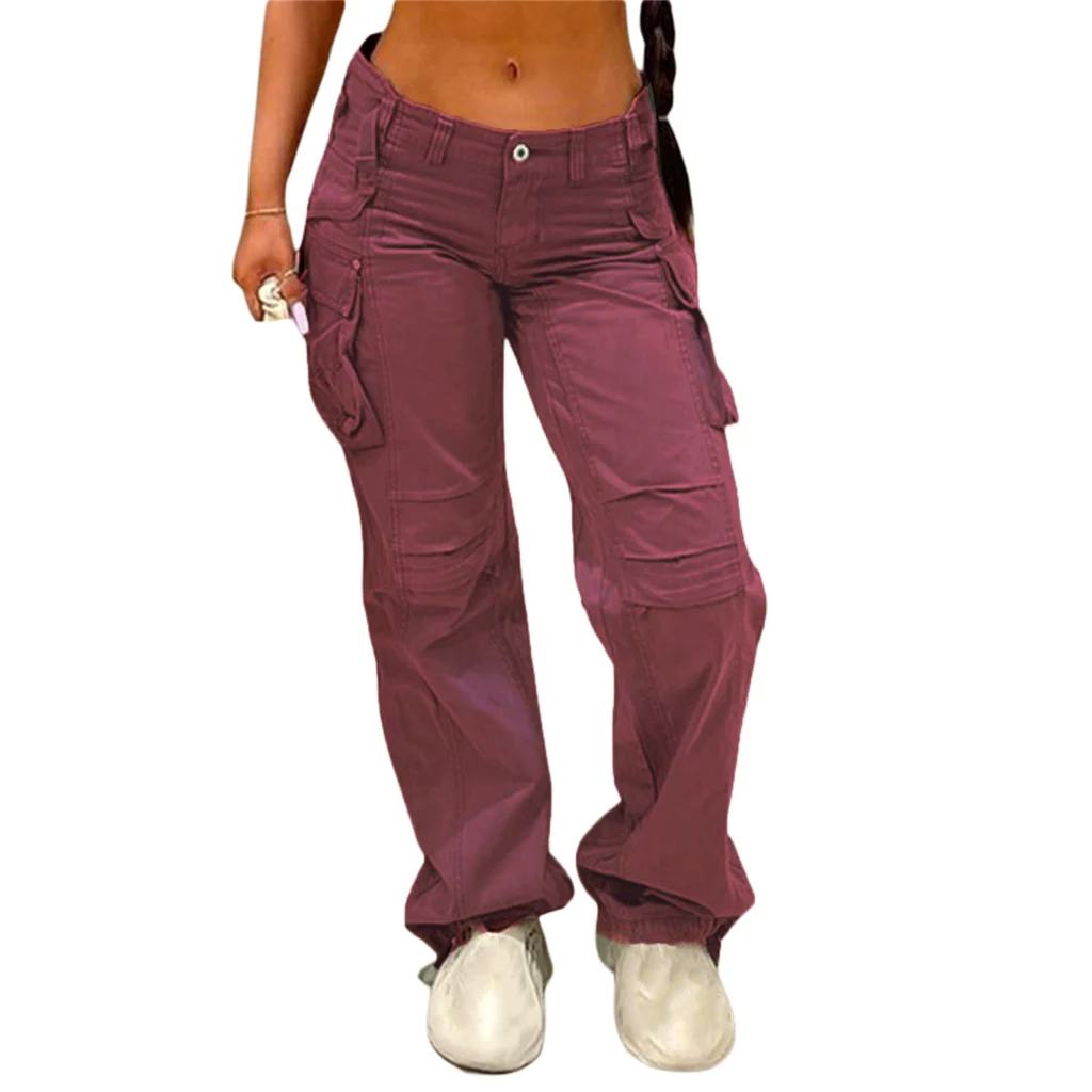 Loose Slim Straight Multi-pocket Cargo Pants - Wine Red