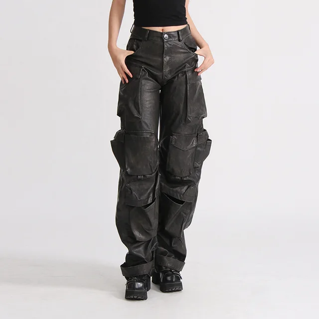 Fashion Unique Design Pocket High Waist Wide Leg Solid Color American PU Overalls Dark Gray - Shop at LoveMi