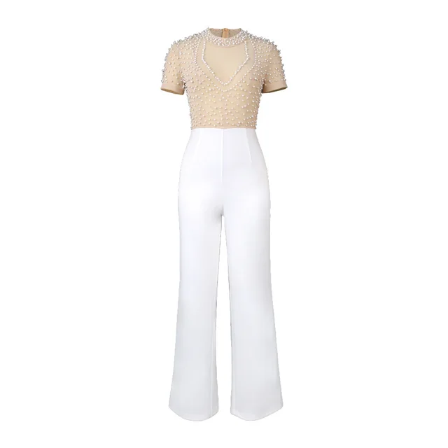 Casual Style High Waist Flattering Round neck Short Sleeve Beaded Jumpsuit White - Shop at LoveMi