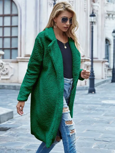 FallWinter Slim Women's Lapel Long Sleeve Solid Color Street Coat Clothing Green - Shop at LoveMi
