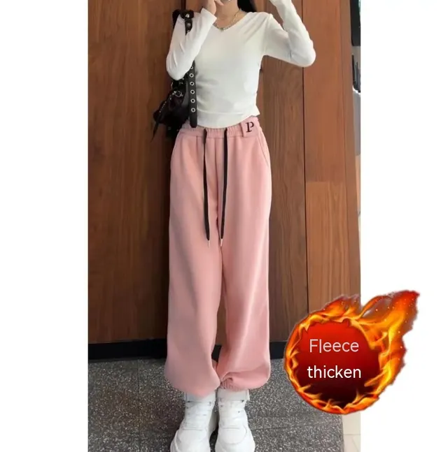 New Letter Embroidery Candy Color Fleece lined Thick Track Pants Pink - Shop at LoveMi
