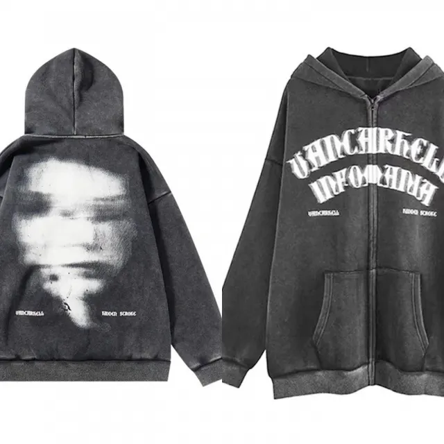 American Style Oversize Vintage Distressed Printed Letter Zipper Hooded Sweater 400G Velvet - Shop at LoveMi