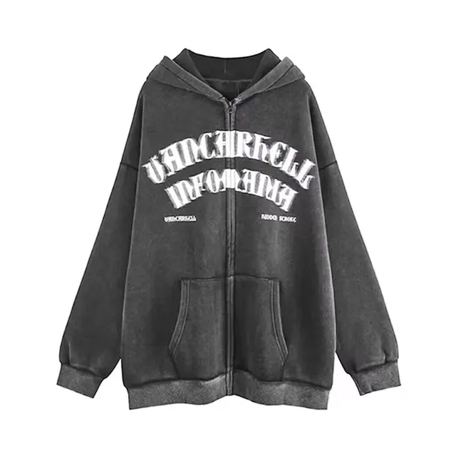 American Style Oversize Vintage Distressed Printed Letter Zipper Hooded Sweater Zipper Thin - Shop at LoveMi