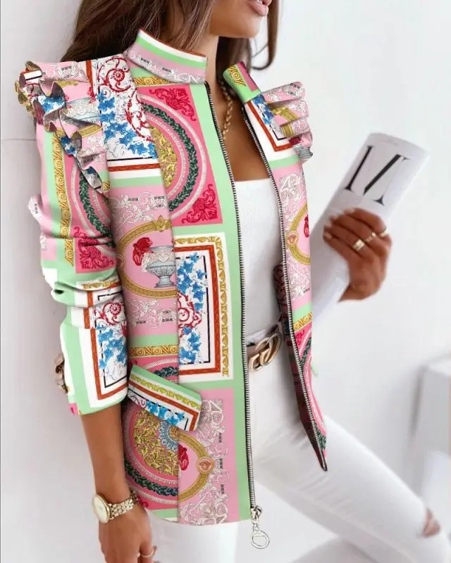 Autumn And Winter Ruffled Long Sleeve Zipper Printing Blazer Pink Green Flower - Shop at LoveMi