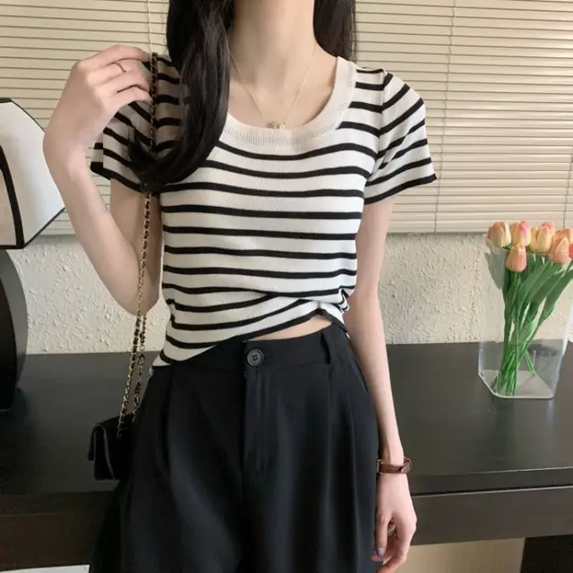 Casual Short sleeved Slim fit Striped T shirt White - Shop at LoveMi