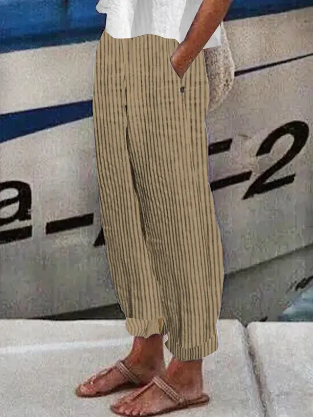 Striped Printed Women's Pants Cotton And Linen Breathable Camel - Shop at LoveMi