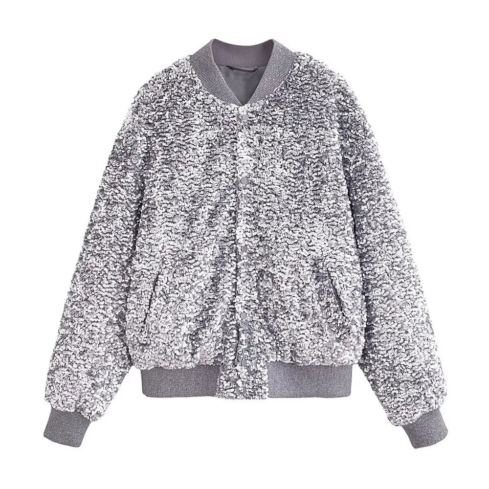 Beads Decoration Loose All matching Flight Jacket Women Silver - Shop at LoveMi