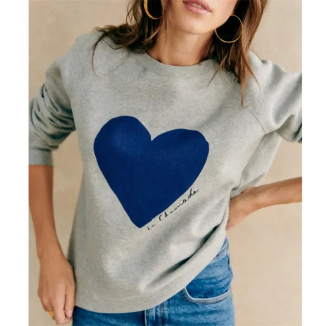 Casual Heart Printing Round Neck Loose Set Head Sweatshirt Gray - Shop at LoveMi