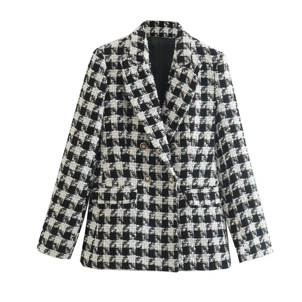 Lapel Long Sleeve Double Breasted Houndstooth Coat Top For Women - Houndstooth Coat