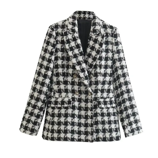 Lapel Long Sleeve Double Breasted Houndstooth Coat Top For Women Houndstooth Coat - Shop at LoveMi