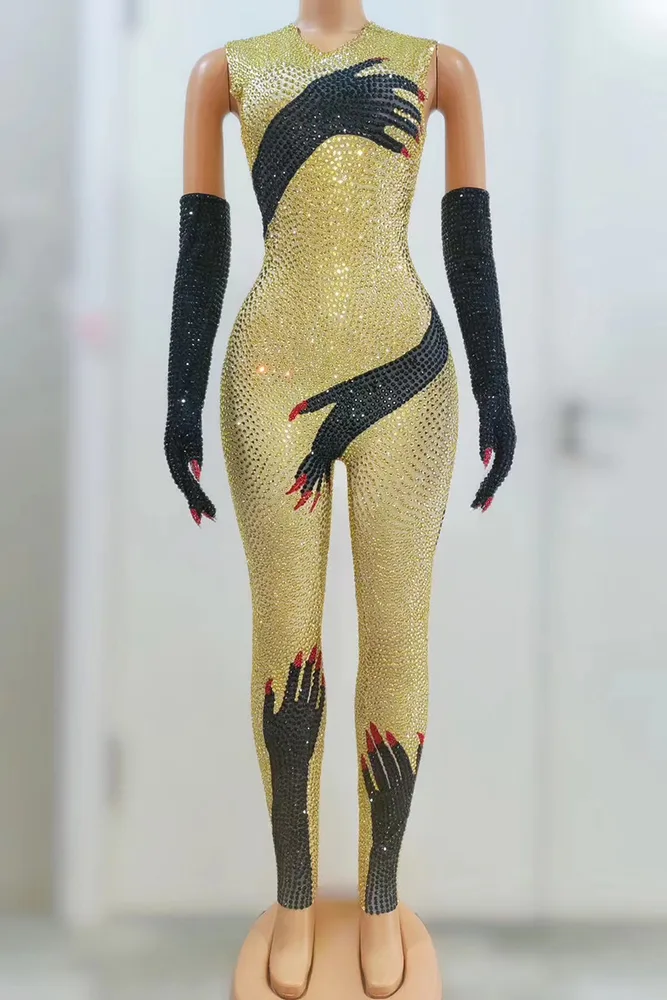 European And American Rhinestone Oversleeve Tulle Fabric Hand Pattern Long Conjoined Trousers - Gold