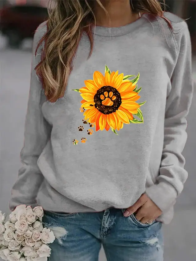 Round Neck Print Sweatshirt Long Sleeve Women Gray - Shop at LoveMi