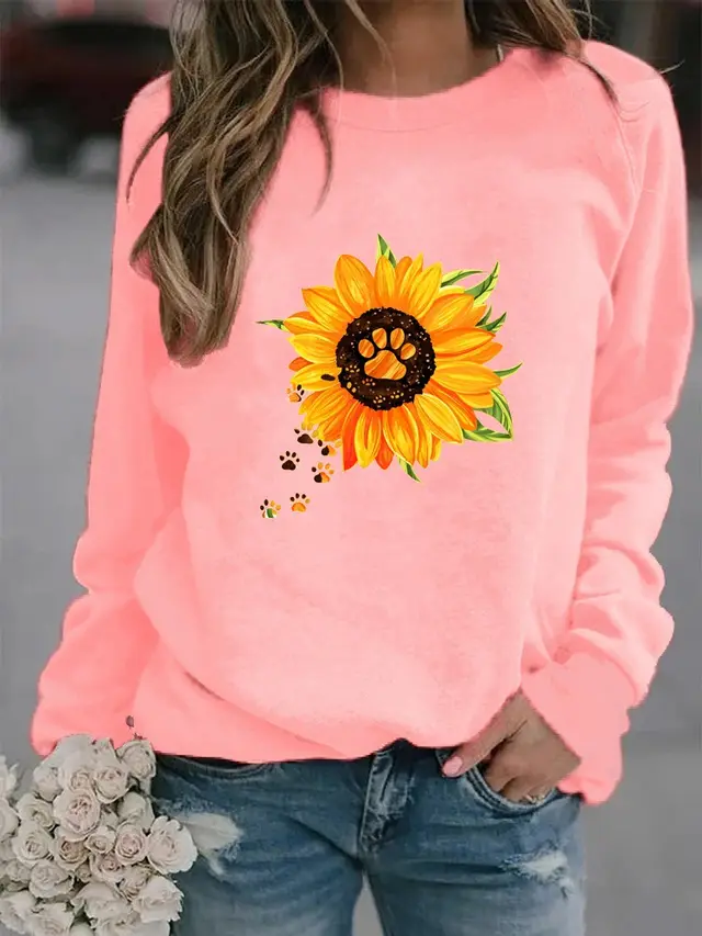 Round Neck Print Sweatshirt Long Sleeve Women Pink - Shop at LoveMi