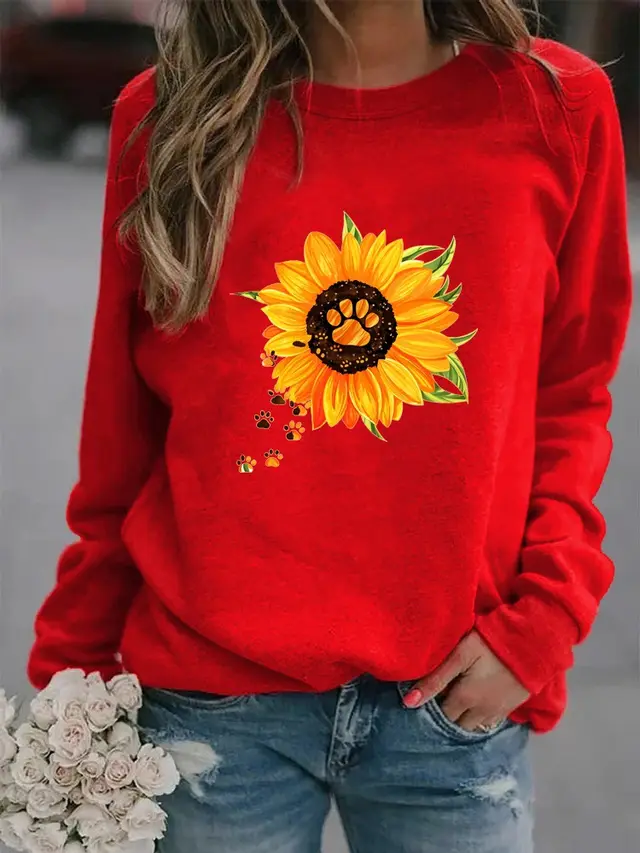 Round Neck Print Sweatshirt Long Sleeve Women Red - Shop at LoveMi