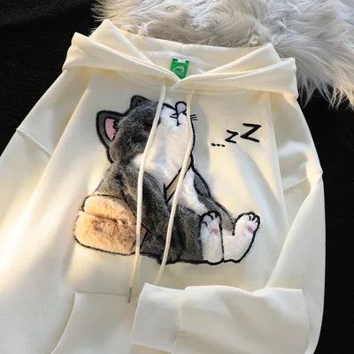 Ragdoll Flocking Hooded Sweater Couple Jacket Apricot - Shop at LoveMi