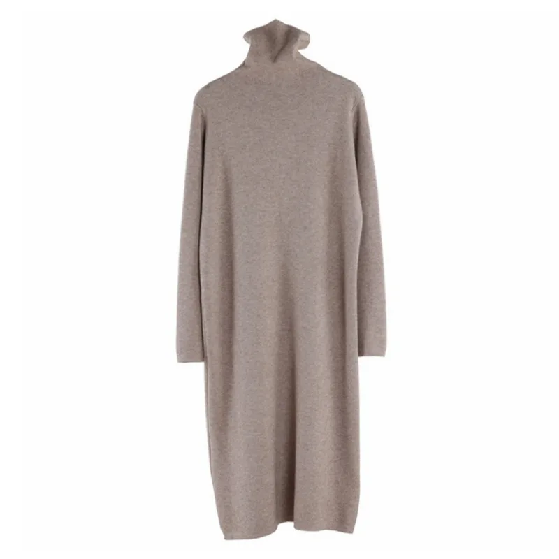 Women's Inner Wear Autumn And Winter High Collar Mid-length Temperament Overknee Sweater Long Dress - Brown