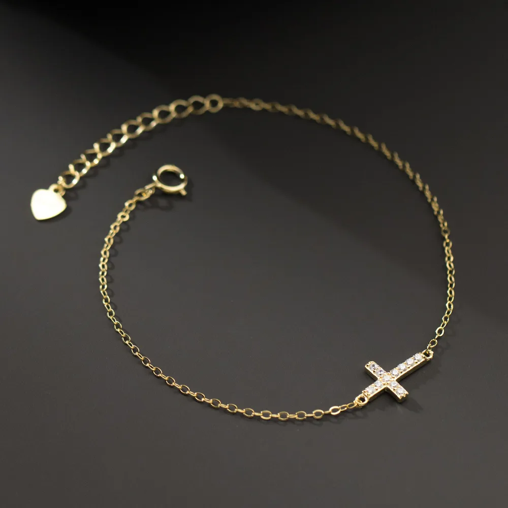Cross Bracelet Women's Sterling Silver Fine Diamond Light Luxury Design Simple Niche - 14K Gold 18Cm