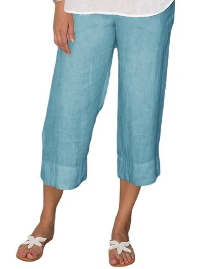 Solid Color Cotton And Linen Women's Simple Loose Casual Cropped Pants Sky Blue - Shop at LoveMi