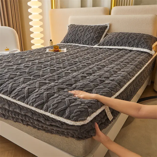 Winter Thicken Thermal Corn Velvet Milk Fiber Quilted Fitted Sheet Fully Surrounded Mattress Non slip Mattress Star Gray - Shop at LoveMi