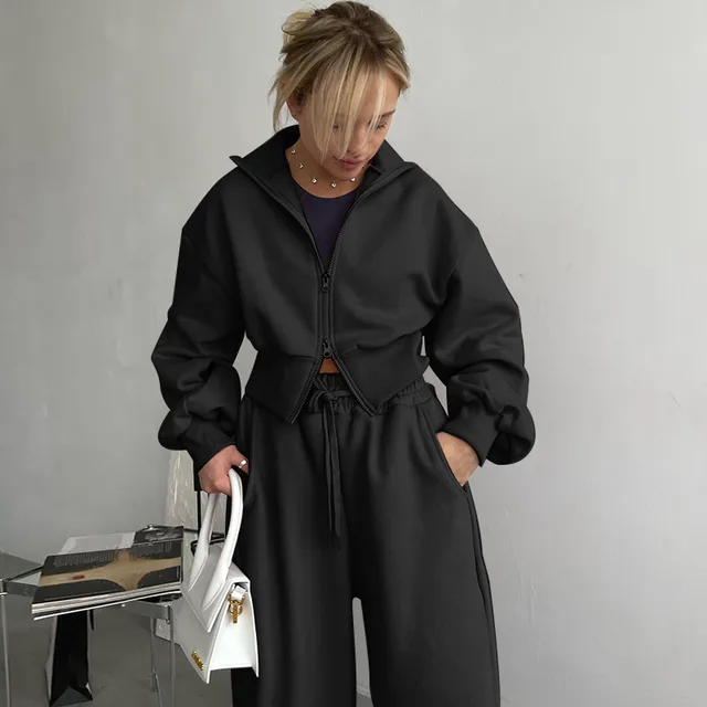 Double Zipper Jacket Casual Sweatpants Two piece Set Black Coat - Shop at LoveMi