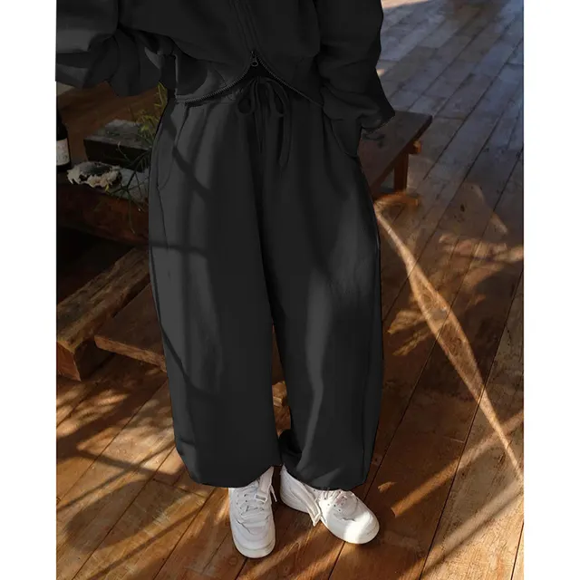 Double Zipper Jacket Casual Sweatpants Two piece Set Black Pants - Shop at LoveMi
