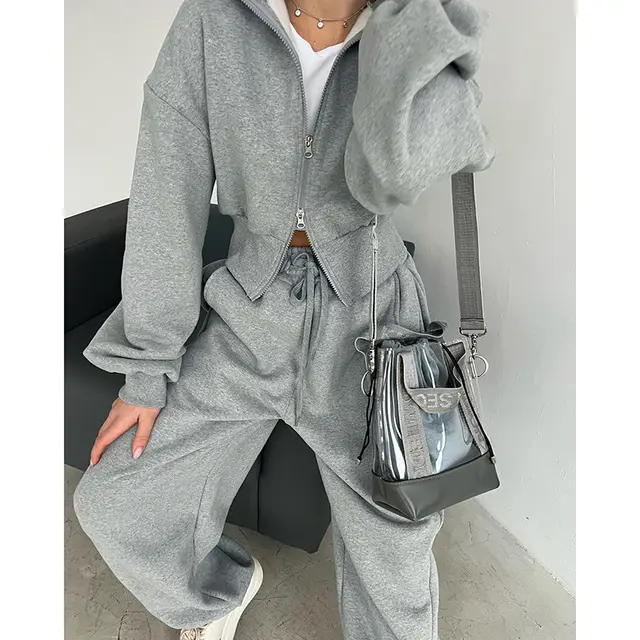 Double Zipper Jacket Casual Sweatpants Two piece Set Gray Coat - Shop at LoveMi