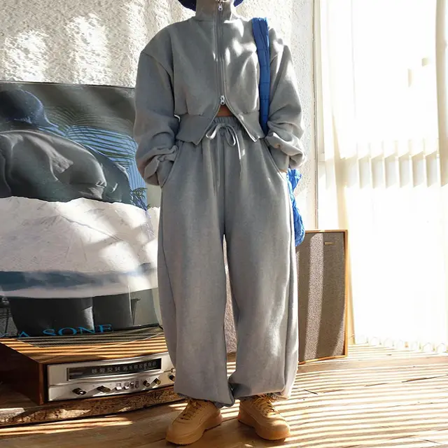 Double Zipper Jacket Casual Sweatpants Two piece Set Gray Trousers - Shop at LoveMi