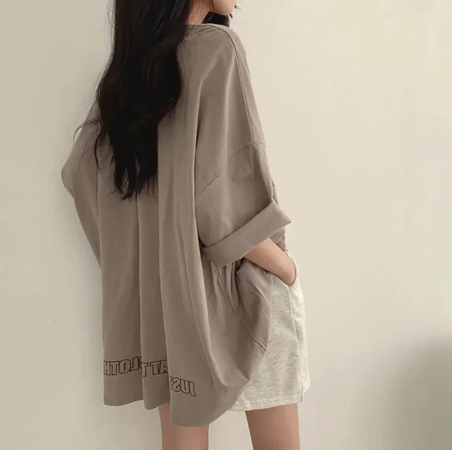 Mid length Cotton Short sleeved T shirt For Women Summer Khaki - Shop at LoveMi
