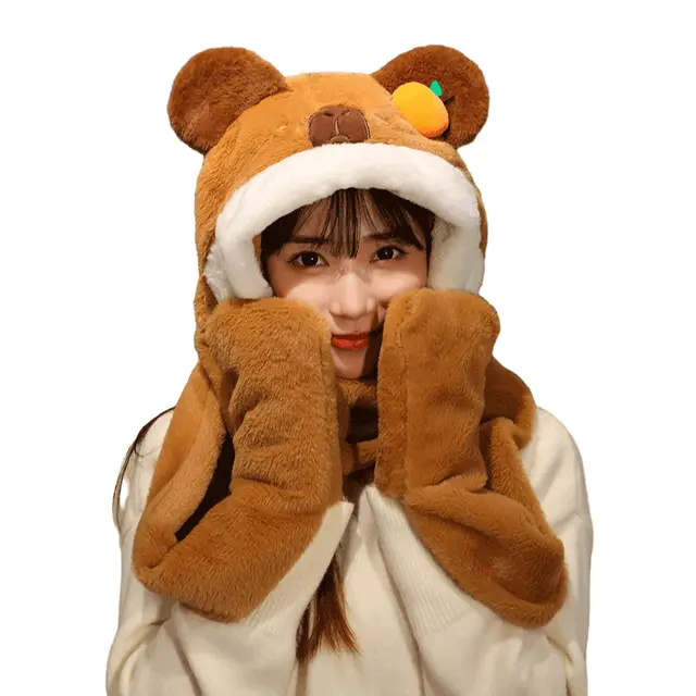 New Year Gift Cute Bear Hat Scarf Gloves Three in one Brown - Shop at LoveMi