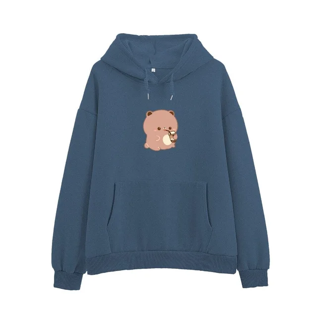 Simple Cartoon Printed Hoodie Female Dark Blue - Shop at LoveMi
