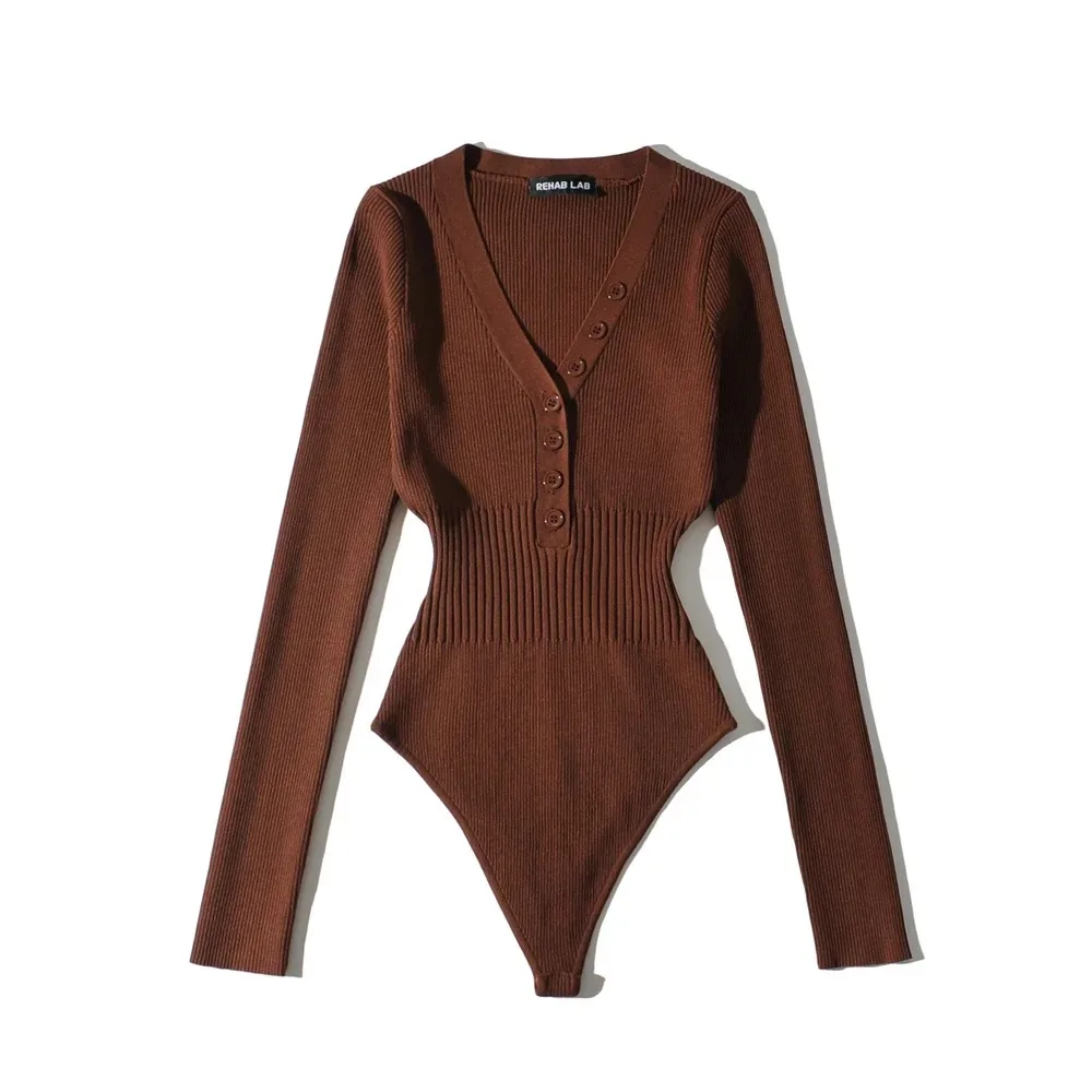 Bottoming Deep V-neck Buckle Waist-controlled Long Sleeves Jumpsuit - Brown