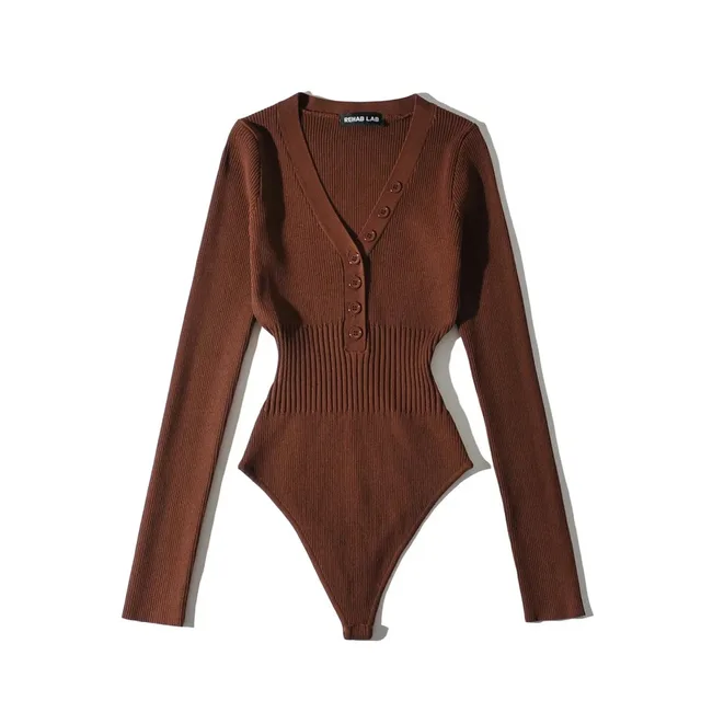 Bottoming Deep V neck Buckle Waist controlled Long Sleeves Jumpsuit Brown - Shop at LoveMi
