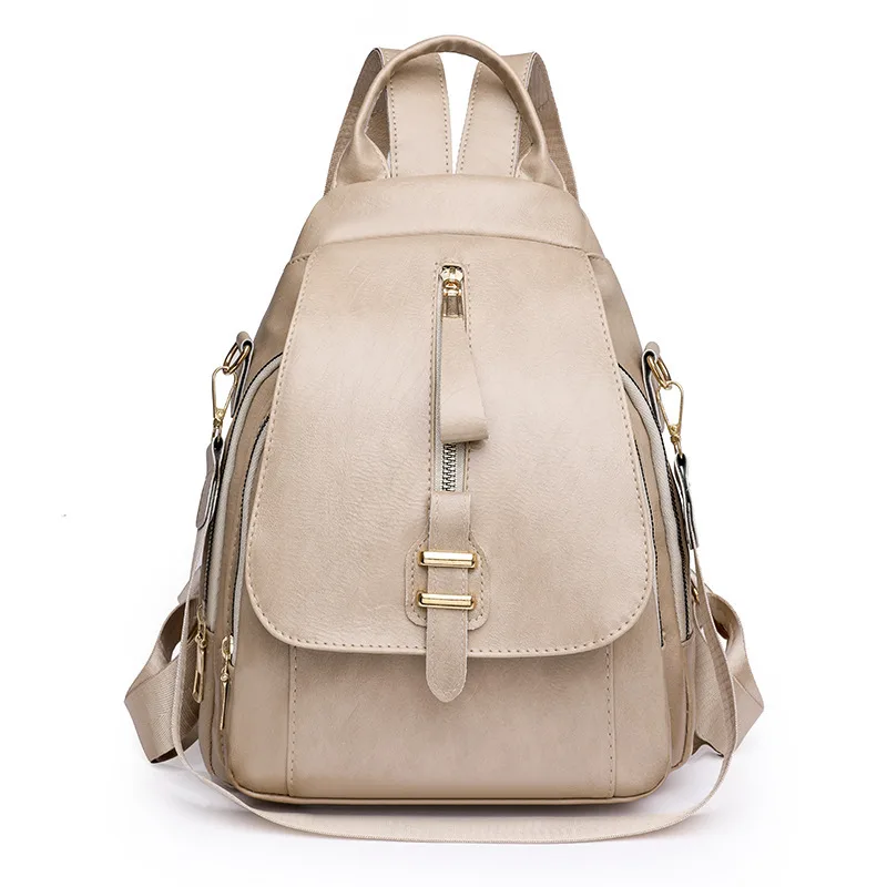 Retro Solid Color Outdoor Casual Mom Bag Soft Leather Large Capacity Backpack Cream - Shop at LoveMi